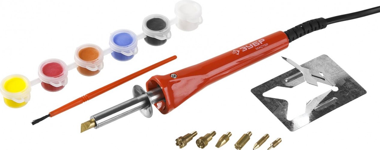 Прибор для выжигания ЗУБР Мастер с набором насадок 7шт. и красками 55425