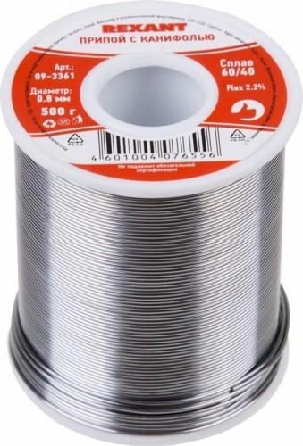 Припой c канифолью REXANT ПОС-61 d=0,8 мм 09-3361 09-3361 - изображение 2
