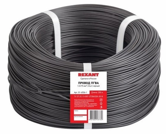 Провод REXANT 01-6506-1 ПГВА / ПВАМ 1х0.75 мм² (бухта 200 м), cu, черный - изображение 2