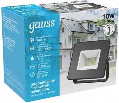 Прожектор GAUSS Elementary 10w 850lm 6500к 200-240v ip65 черный led 613100310P - изображение 2