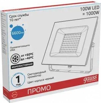 Прожектор GAUSS Elementary 100w 7200lm 6500к 175-265v ip65 черный led 613100100P - изображение 3