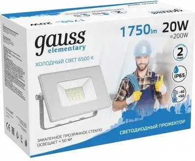 Прожектор GAUSS Elementary 20w 1750lm 6500k 200-240v ip65 белый led 613120320 - изображение 3