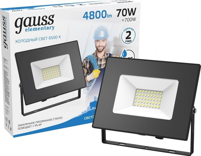Прожектор GAUSS Elementary 70w 7200lm 6500к 175-265v ip65 черный led 613100370