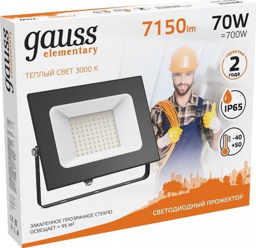 Прожектор GAUSS Elementary 70w 7150lm 3000к 175-265v ip65 черный led 613527170 - изображение 2