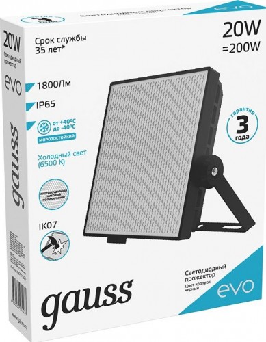 Прожектор GAUSS EVO evo 20w 1800lm 6500k 100-240v ip65 черный led 687511320 - изображение 2