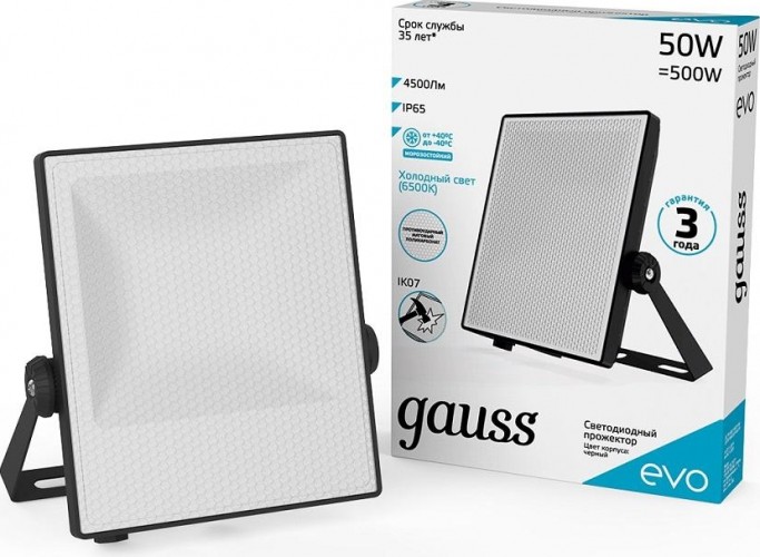 Прожектор GAUSS EVO evo 50w 4500lm 6500k 100-240v ip65 черный led 687511350