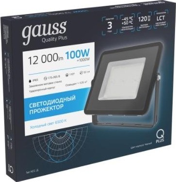 Прожектор GAUSS Qplus 100w 12000lm 6500k 175-265v ip65 черный led 613511100 - изображение 4