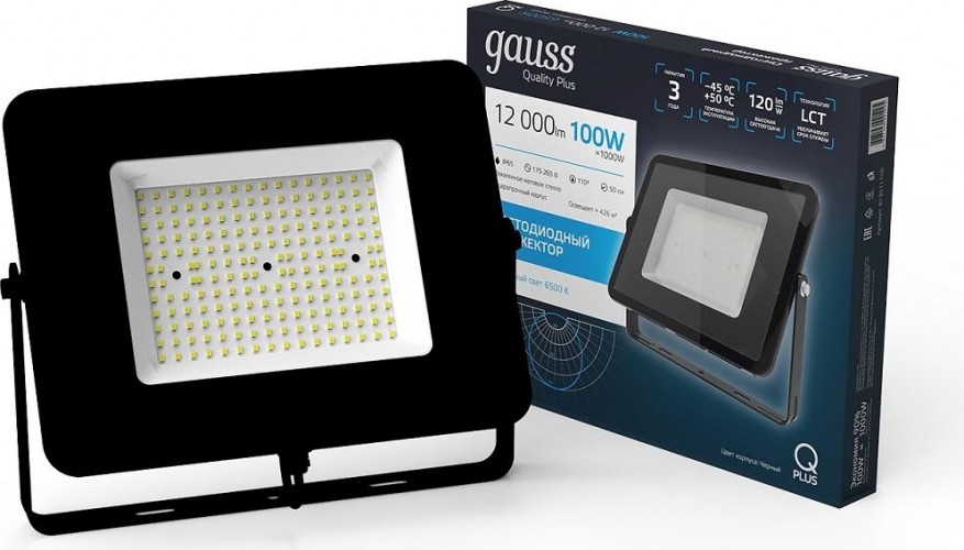 Прожектор GAUSS Qplus 100w 12000lm 6500k 175-265v ip65 черный led 613511100