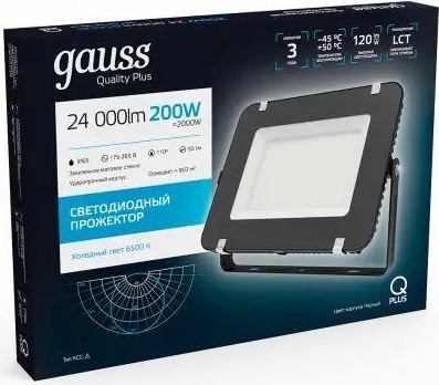 Прожектор GAUSS Qplus 200w 24000lm 6500k 175-265v ip65 черный led 613100200 - изображение 3