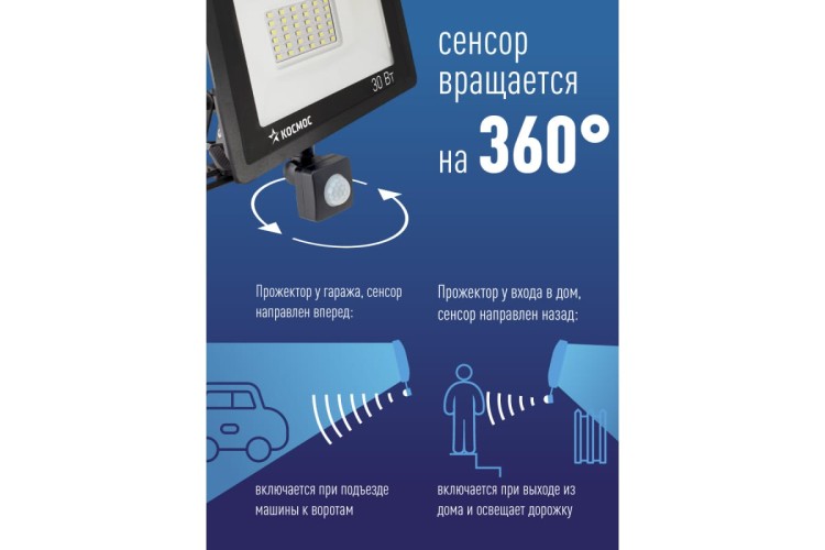 Прожектор светодиодный КОСМОС K_PR5_LED_30S c датчиком 2400Лм, IP65, 6500K Super-Slim - изображение 4