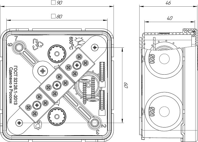 Распаячная коробка ПРОМРУКАВ 60-0210-FR6.0-6  Е15-Е120 80х80х40 огнестойкая для О/П 60-0210-FR6.0-6 - изображение 2