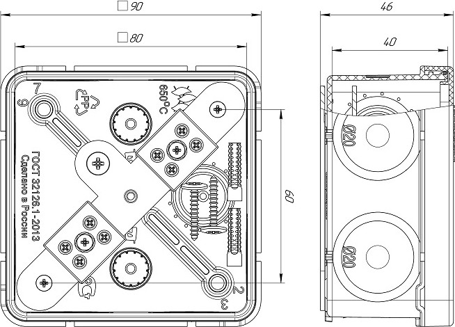 Распаячная коробка ПРОМРУКАВ 60-0210-FR6.0-4  Е15-Е120 80х80х40 огнестойкая для О/П 60-0210-FR6.0-4 - изображение 2
