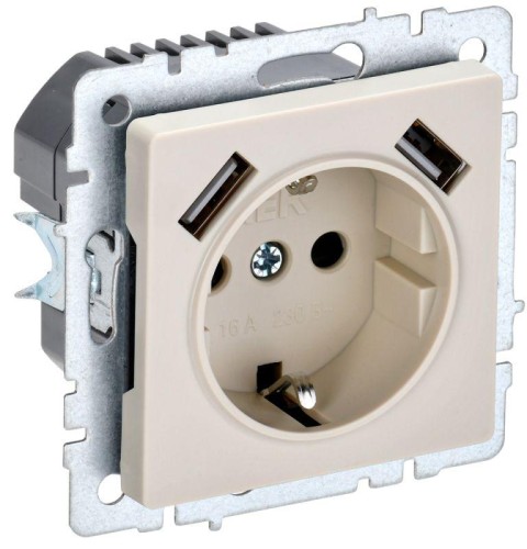 Розетка IEK BRITE РЮш10-1-БрКр 16А с USB A+A 2.1A с заземл. защ. што BR-R14-16-U21-D21-K10