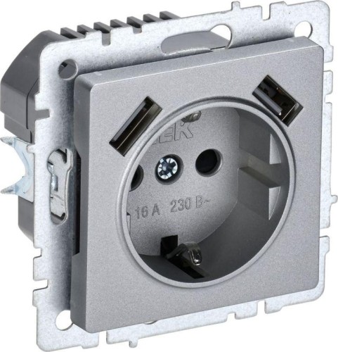 Розетка IEK BRITE РЮш10-1-БрЧ 16А с USB A+A 2.1A с заземл. защ. штор BR-R14-16-U21-D21-K02