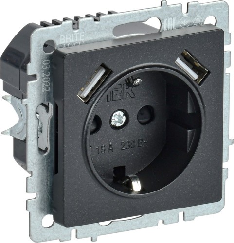 Розетка IEK BRITE РЮш10-2-БрЧ 16А с USB A+A 3.1A с заземл. защ. штор BR-R14-16-U21-D31-K02