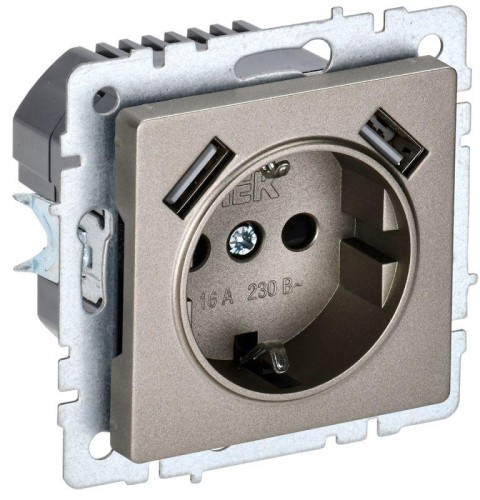 Розетка IEK BRITE РЮш10-2-БрШ 16А с USB A+A 3.1A с заземл. защ. штор BR-R14-16-U21-D31-K37