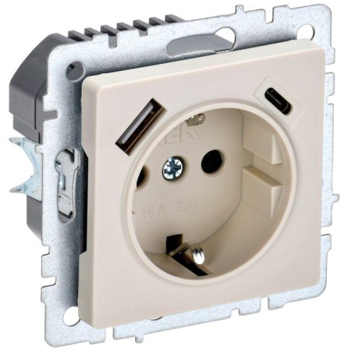 Розетка IEK BRITE РЮш11-1-БрКр 16А с USB A+C 18Вт с заземл. защ. што BR-R14-16-U22-018-K10