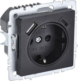 Розетка IEK BRITE РЮш11-1-БрЧ 16А с USB A+C 18Вт с заземл. защ. штор BR-R14-16-U22-018-K02
