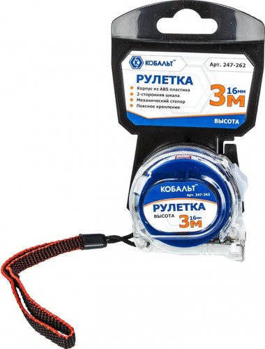 Рулетка Кобальт 247-262 высота 3мx16мм прозрачный корпус