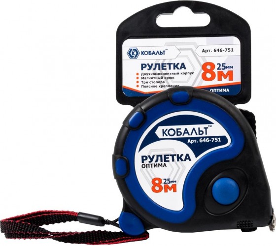 Рулетка Кобальт 646-751 оптима 8мx25мм двухкомпонентный корпус