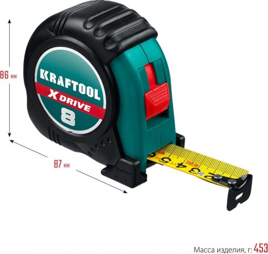 Рулетка KRAFTOOL X-Drive 8м/25мм с ударостойким обрезиненным корпусом 34122-08_z02 - изображение 3