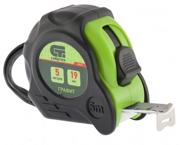 Рулетка СИБРТЕХ Графит 5 мх19 мм обрезиненный корпус, амортизатор, 32531