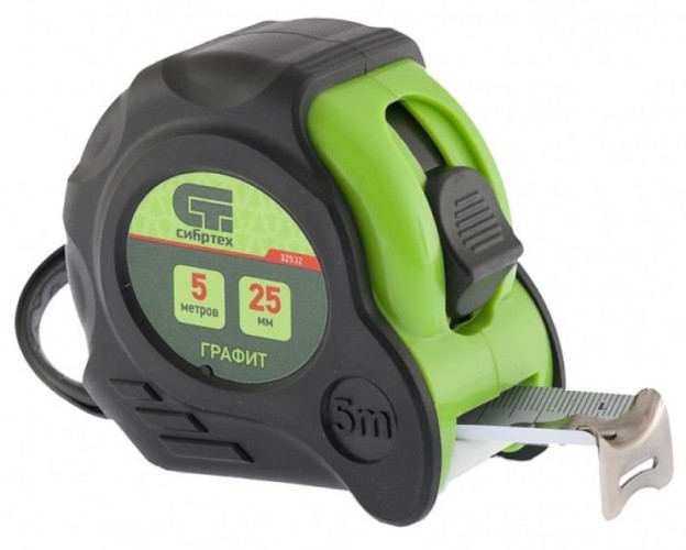 Рулетка СИБРТЕХ Графит 5 мх25 мм обрезиненный корпус, амортизатор, 32532