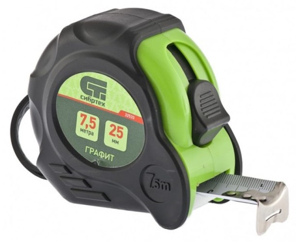 Рулетка СИБРТЕХ Графит 7,5 мх25 мм обрезиненный корпус, амортизатор, 32533