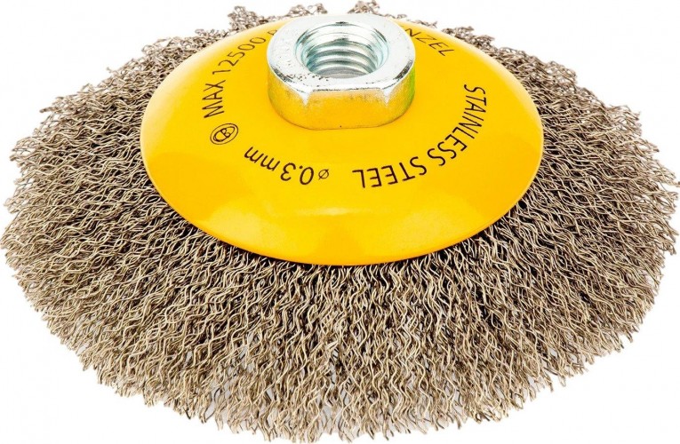 Щетка для УШМ Denzel 746 163 125 мм, м14, тарелка, витая нерж. проволока 0,3 мм 746163