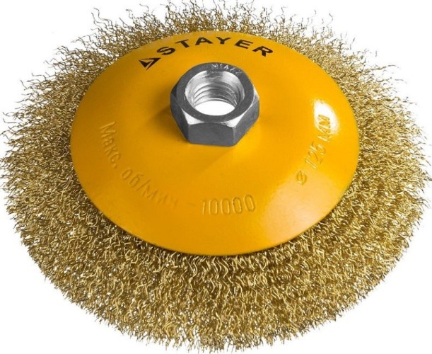 Щетка для УШМ STAYER PROFESSIONAL коническая витая стальная латунированная проволока 35133-125