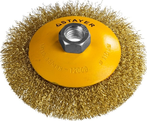 Щетка для УШМ STAYER PROFESSIONAL коническая витая стальная латунированная проволока 35133-115