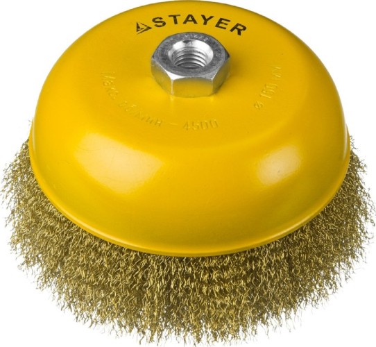 Щетка для УШМ STAYER PROFESSIONAL чашечная витая стальная латунированная проволока 0 35125-150