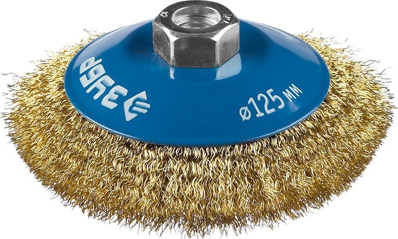 Щетка для УШМ ЗУБР ПРОФЕССИОНАЛ коническая витая латунированная стальная проволока 35267-125_z02