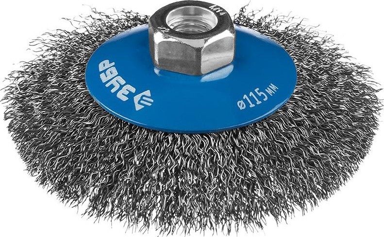 Щетка для УШМ ЗУБР ПРОФЕССИОНАЛ коническая витая стальная проволока 0,3мм, 115ммхм 35265-115_z02
