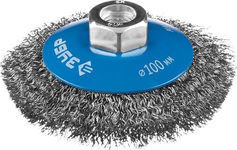 Щетка для УШМ ЗУБР ПРОФЕССИОНАЛ коническая витая стальная проволока 0,3мм, 100ммхм 35265-100_z02