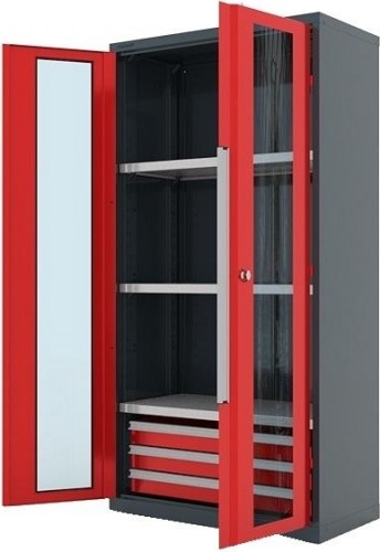 Шкаф инструментальный FERRUM "Premium" 1000х500х1950 h двери стеклом, 3 ящика, 3 полки RAL7016/3000 13.1332