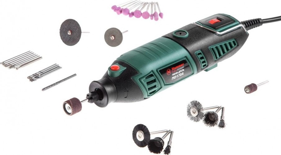 Шлифмашина прямая сетевая Hammer MD170A гибкий вал + насадки 160 шт. 113-003