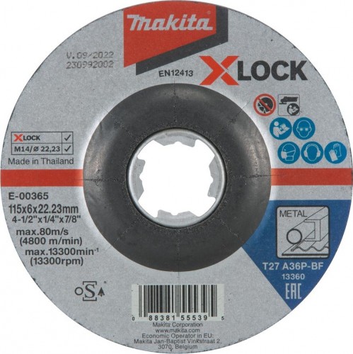 Шлифовальный круг по металлу MAKITA E-00365 x-lock для стали с вогнутым центром а36p, 115х6х22