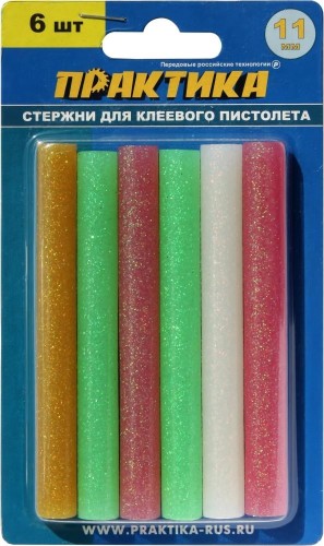 Стержень клеевой ПРАКТИКА 11х100 мм цветной, с блестками, 6шт 790-229