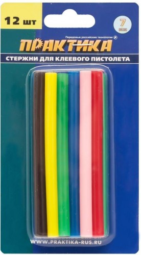 Стержень клеевой ПРАКТИКА 7х100 мм цветные, 6 цветов, 12шт 641-671