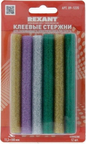 Стержни клеевые REXANT цветные с блестками 11 x100 мм, 12 шт. 09-1235