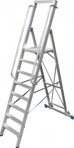 Стремянка алюминиевая KRAUSE STABILO 10 ступеней на роликах, с поручнями и дугой безопасности 127549