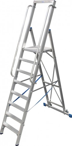 Стремянка алюминиевая KRAUSE STABILO  9 ступеней на роликах с поручнями и большой площадкой 127792