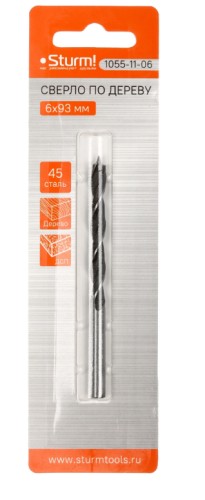 Сверло по дереву Sturm 1055-11-06 спиральное d=6мм, l=93мм, цил. хв., блистер.