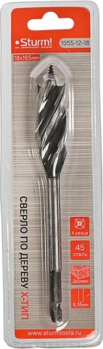 Сверло по дереву Sturm 1055-12-18 X тип, 4 резца, d=18мм, l=165мм, 6гр. хв., блистер - изображение 3
