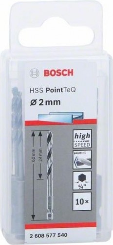 Сверло по металлу BOSCH 2,0 х 24/60 мм, HSS PointTeQ с шестигранным хвостовиком (10шт.) 2608577540