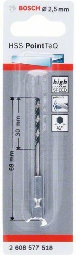 Сверло по металлу BOSCH 2,5 х 30/69 мм, HSS PointTeQ с шестигранным хвостовиком 2608577518