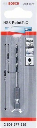 Сверло по металлу BOSCH 3,0 х 33/72 мм, HSS PointTeQ с шестигранным хвостовиком 2608577519