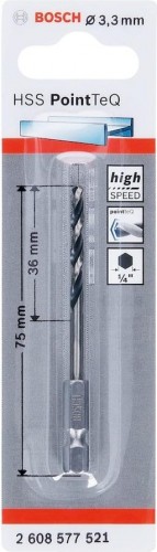 Сверло по металлу BOSCH 3,3 х 36/75 мм, HSS PointTeQ с шестигранным хвостовиком 2608577521