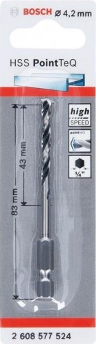 Сверло по металлу BOSCH 4,2 х 43/83 мм, HSS PointTeQ с шестигранным хвостовиком 2608577524